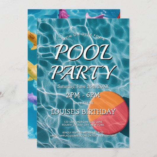Eenvoudige en moderne pool party uitnodiging (Voorkant / Achterkant)