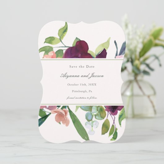 Eenvoudige en  Plum Bloemenbruiloft Save The Date (Staand voorkant)