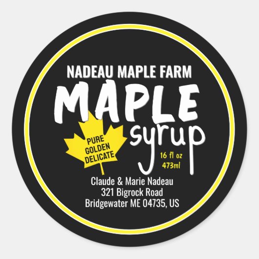 Eenvoudige esdoornstrooppot of kruik Label geel bl (Voorkant)