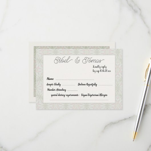 Eenvoudige Etnische Stijl Sage Groene Kleurenreact RSVP Kaartje (Voorkant / Achterkant in situ)
