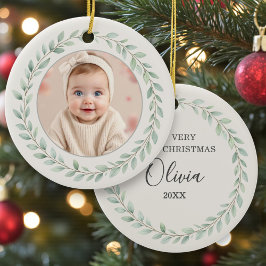 Eenvoudige Eucalyptus Baby Eerste Kerst Foto Keramisch Ornament