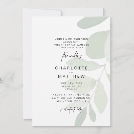 Eenvoudige eucalyptus beide ouders bruiloft uitnod kaart (Voorkant)
