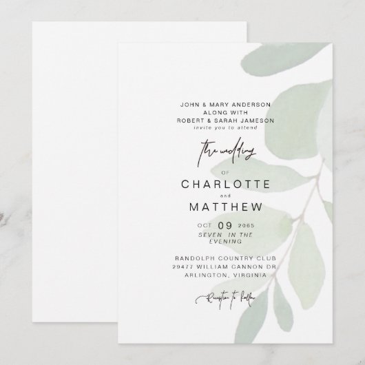 Eenvoudige eucalyptus beide ouders bruiloft uitnod kaart (Voorkant / Achterkant)