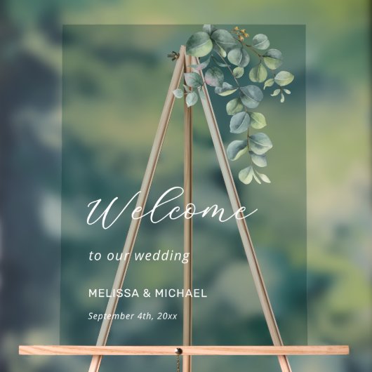 Eenvoudige Eucalyptus Blad Bruiloft Welkom Acryl Bord (Neutraal)