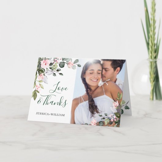 Eenvoudige Eucalyptus Blush Roze Rozen Bruiloft Bedankkaart (Voorkant)