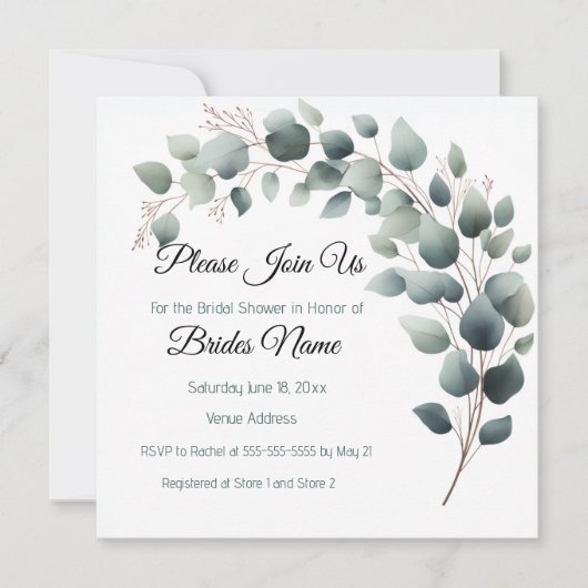 Eenvoudige Eucalyptus Bruidsborrel Uitnodiging (Voorkant)