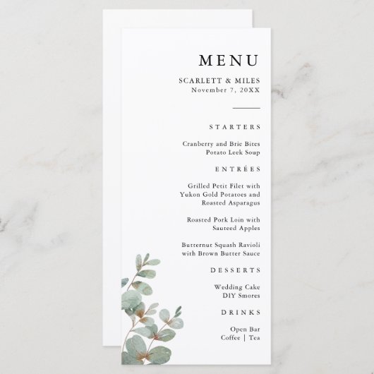 Eenvoudige eucalyptus bruiloft menu (Voorkant / Achterkant)