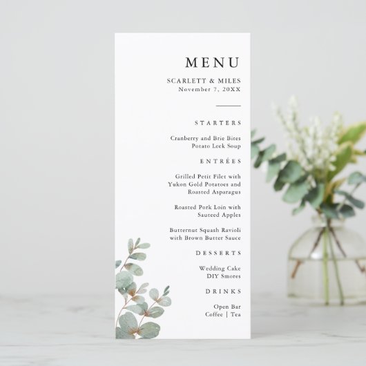 Eenvoudige eucalyptus bruiloft menu (Staand voorkant)