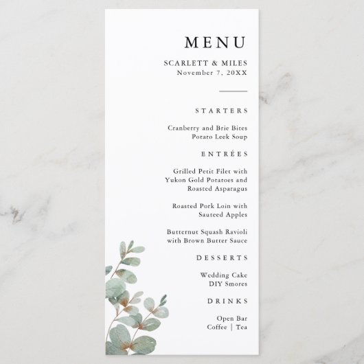 Eenvoudige eucalyptus bruiloft menu (Voorkant)
