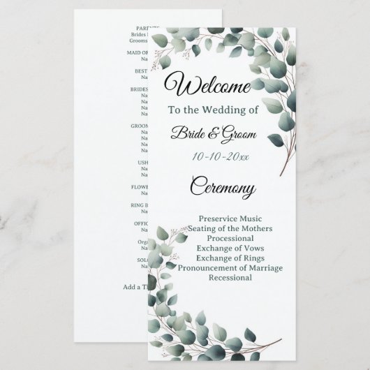 Eenvoudige Eucalyptus Bruiloft Programmakaart (Voorkant / Achterkant)