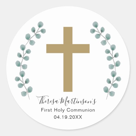 Eenvoudige Eucalyptus en Cross Eerste Heilige Comm Ronde Sticker (Voorkant)