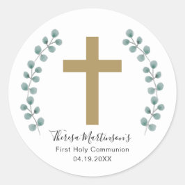 Eenvoudige Eucalyptus en Cross Eerste Heilige Comm Ronde Sticker