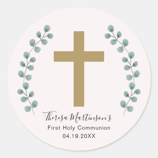 Eenvoudige Eucalyptus en Cross Eerste Heilige Comm Ronde Sticker (Voorkant)