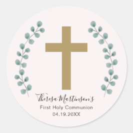 Eenvoudige Eucalyptus en Cross Eerste Heilige Comm Ronde Sticker