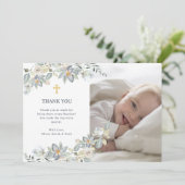 Eenvoudige eucalyptus en gouden kruis | Fotodoop Bedankkaart (Staand voorkant)