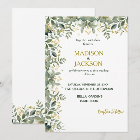 Eenvoudige eucalyptus goud groen bruiloft uitnodig kaart (Voorkant / Achterkant)