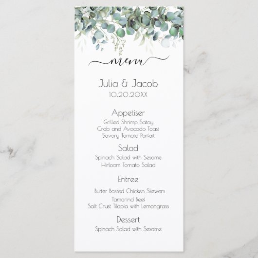 Eenvoudige Eucalyptus Greenery bruiloft Menu (Voorkant)
