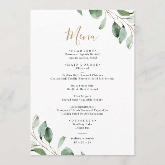 Eenvoudige Eucalyptus Greenery Elegant Wedding Menu (Voorkant)