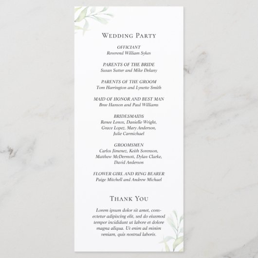 Eenvoudige Eucalyptus Greenery Elegant Wedding Programmakaart (Achterkant)