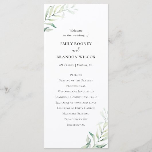 Eenvoudige Eucalyptus Greenery Elegant Wedding Programmakaart (Voorkant)