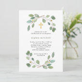 Eenvoudige Eucalyptus Greenery en Gold Cross Bapti Kaart (Staand voorkant)