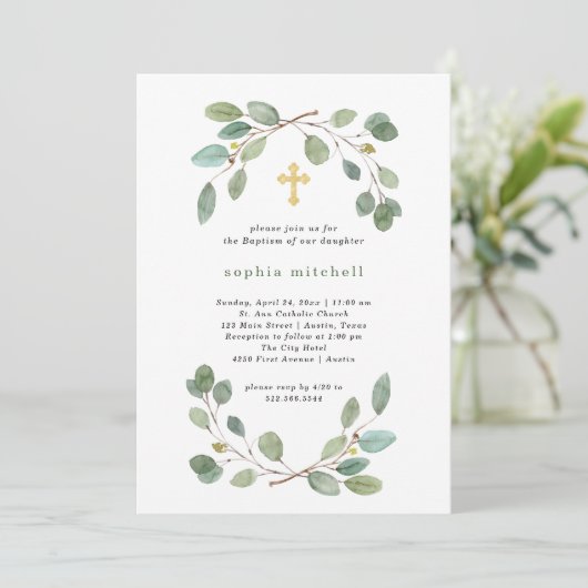 Eenvoudige Eucalyptus Greenery en Gold Cross Bapti Kaart (Staand voorkant)