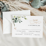 Eenvoudige Eucalyptus Greenery Gold Meal-opties RSVP Kaartje<br><div class="desc">Deze aanpasbare RSVP-kaart voor maaltijdopties is ontworpen om te coördineren met het Boho Greenery Gold bruiloft-collectie en biedt een eucalyptusvertakking voor waterverf met grafische kalligrafische tekst,  gekoppeld aan een klastige serif- en modern sans-lettertype in het zwart. Overeenkomende objecten beschikbaar.</div>