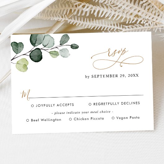 Eenvoudige Eucalyptus Greenery Gold Meal-opties RSVP Kaartje