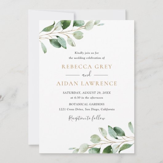 Eenvoudige Eucalyptus Greenery Gold Two-in-One Wed Kaart (Voorkant)