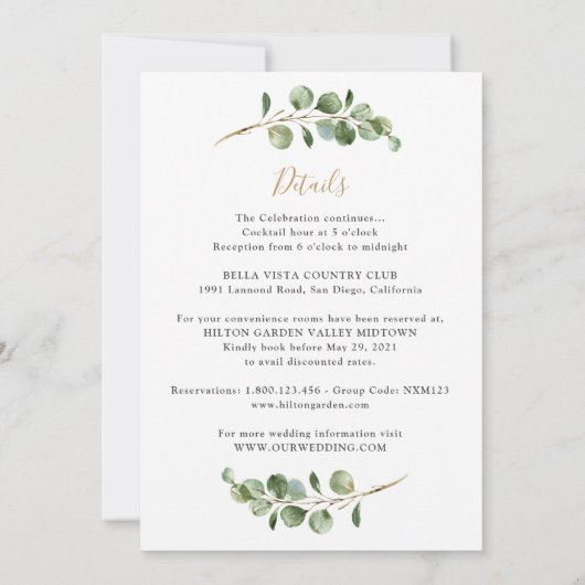 Eenvoudige Eucalyptus Greenery Gold Two-in-One Wed Kaart (Achterkant)