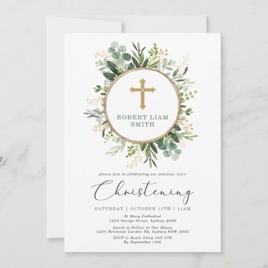 Eenvoudige Eucalyptus Greenery Gouden Kruis doop Kaart (Voorkant)