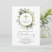 Eenvoudige Eucalyptus Greenery Gouden Kruis doop Kaart (Staand voorkant)