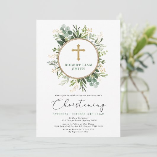 Eenvoudige Eucalyptus Greenery Gouden Kruis doop Kaart (Staand voorkant)