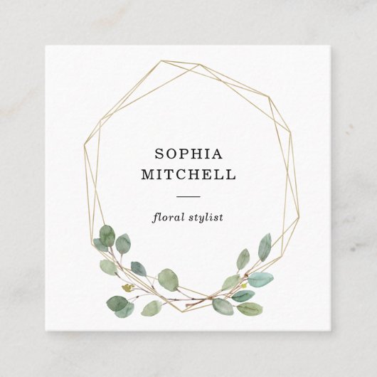 Eenvoudige Eucalyptus Greenery | Goudgeometrisch Vierkante Visitekaartje (Voorkant)