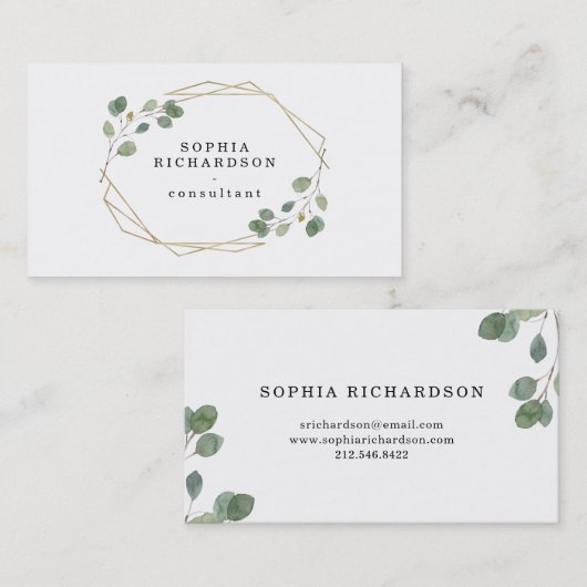 Eenvoudige Eucalyptus Greenery | Goudgeometrisch Visitekaartje (Voorkant / Achterkant)