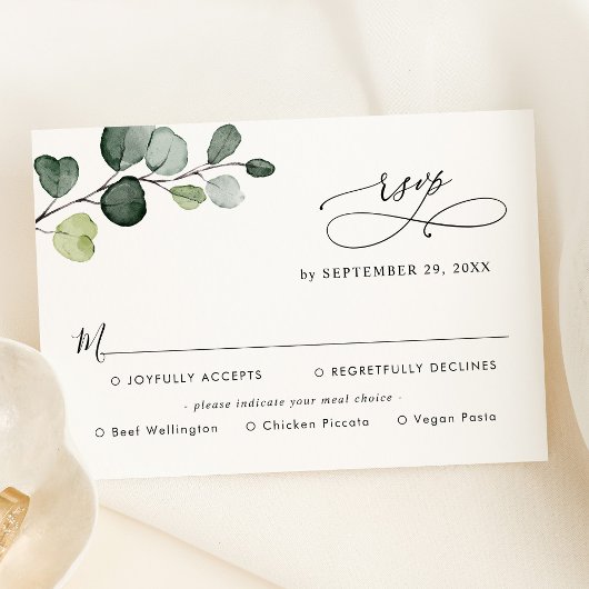Eenvoudige Eucalyptus Greenery-maaltijdopties RSVP Kaartje