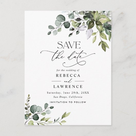 Eenvoudige Eucalyptus Greenery Wedding Save the Da Briefkaart (Voorkant)