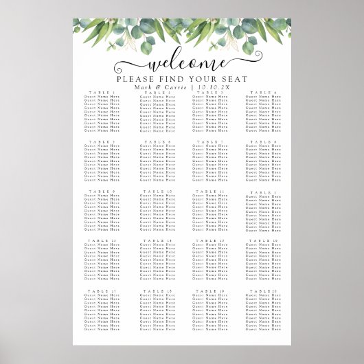 Eenvoudige Eucalyptus Greenery Wedding Seding Char Poster (Voorkant)