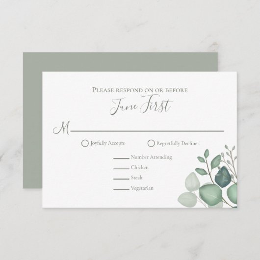 Eenvoudige Eucalyptus groen bladeren klassiek RSVP Kaartje (Voorkant / Achterkant)