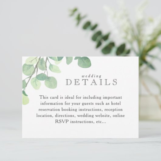 Eenvoudige Eucalyptus groen Bruiloft Info Kaart (Staand voorkant)