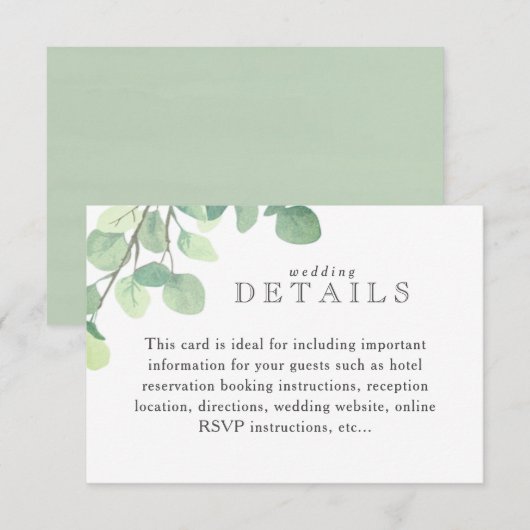 Eenvoudige Eucalyptus groen Bruiloft Info Kaart (Voorkant / Achterkant)