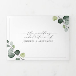 Eenvoudige Eucalyptus Groene Alles-in-één Trouw Drieluik Uitnodiging
