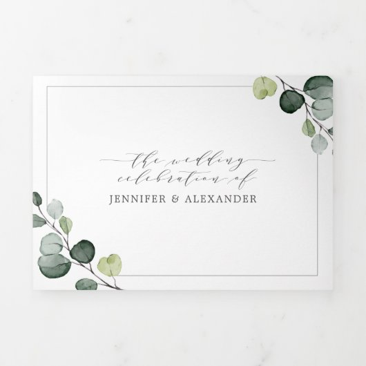 Eenvoudige Eucalyptus Groene Alles-in-één Trouw Drieluik Uitnodiging (Cover)