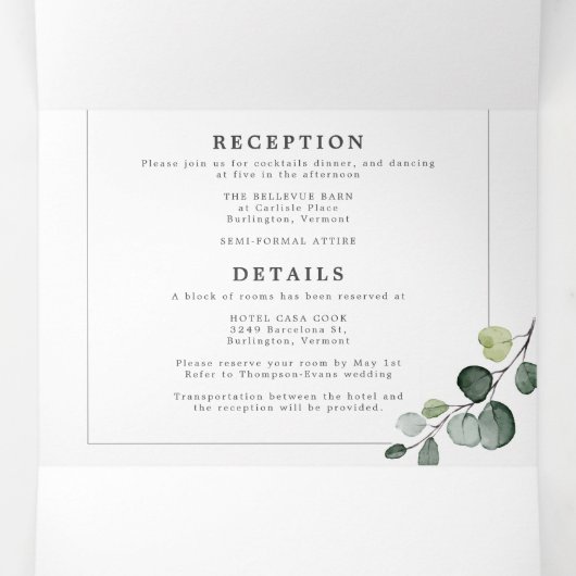 Eenvoudige Eucalyptus Groene Alles-in-één Trouw Drieluik Uitnodiging (Binnenkant midden)