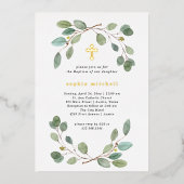 Eenvoudige Eucalyptus Groene en Gouden Doopkruis Folie Uitnodiging (Voorkant)