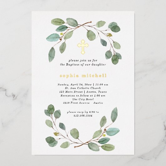 Eenvoudige Eucalyptus Groene en Gouden Doopkruis Folie Uitnodiging (Voorkant)