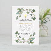 Eenvoudige Eucalyptus Groene en Gouden Doopkruis Folie Uitnodiging (Staand Voorkant)