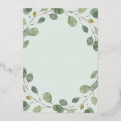 Eenvoudige Eucalyptus Groene en Gouden Doopkruis Folie Uitnodiging (Achterkant)