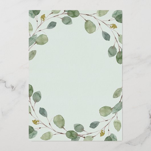Eenvoudige Eucalyptus Groene en Gouden Doopkruis Folie Uitnodiging (Achterkant)
