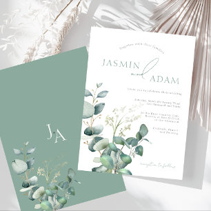 Eenvoudige Eucalyptus Groene Monogram Huwelijk Kaart